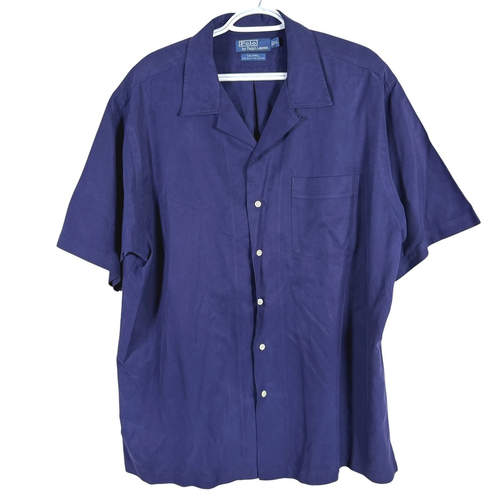 Vtg Polo Ralph Lauren Caldwell Camp Shirt Silk Cotton Loop Collar Mens XL Blue
